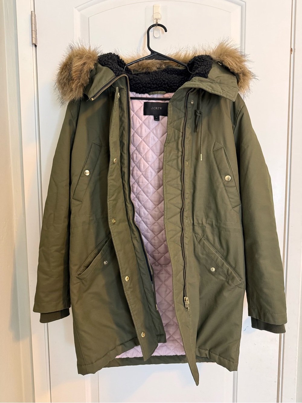 J. Crew perfect winter Parka with Faux Fur Hood women’s green